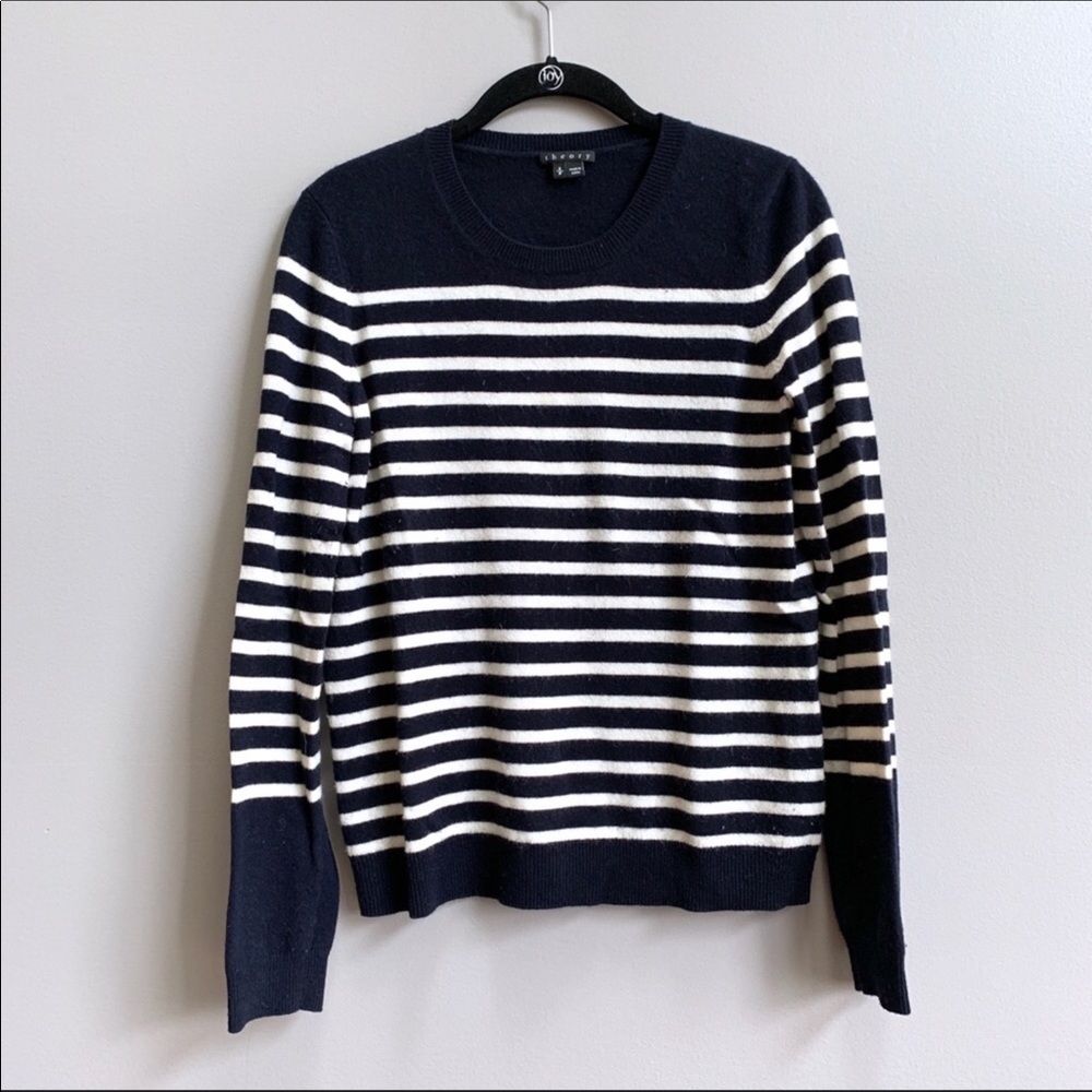 Theory Navy and White striped cashmere sweater